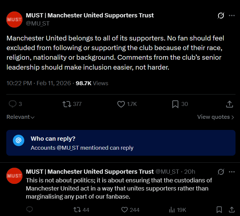 Manchester United release statement hailing â€˜diversity of cityâ€™ after owner Sir Jim Ratcliffe's apology over comment of UK being colonised by immigrants